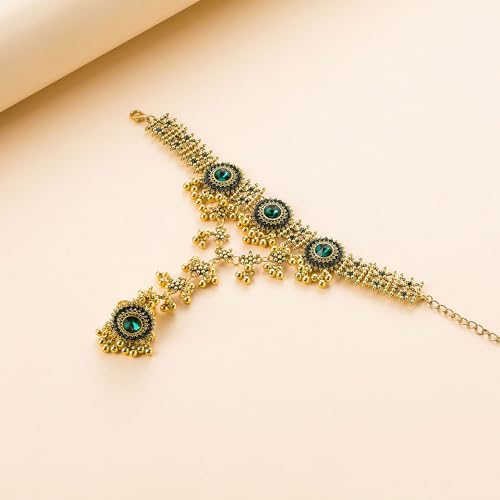 Boho Hand Chain Bracelet Ring For Women Trendy Finger Rings Retro Ethnic Style Dainty Adjustable Wrist Chain Cubic Zirconia Bracelet Wedding Jewelry Stocking Stuffers Engagement Gift - color: Green