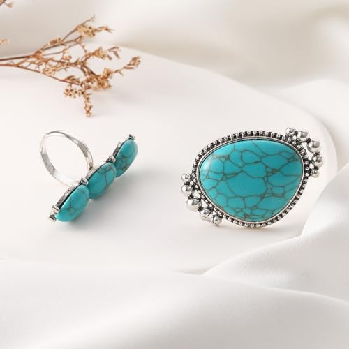 Bohemian Turquoise Ring for Women Stackable Vintage Chunky Boho Turquoise Ring Set Dainty Open Gemstone Knuckle Midi Finger Rings Western Statement Rings Jewelry - style: two