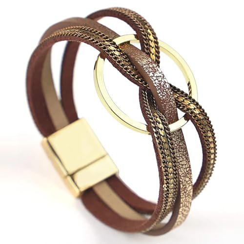 Fesciory Leopard Bracelet for Women, Boho Leather Wrap Multi-Layer Pearl Crystal Bracelet Bangle Jewelry - style: Circle(Brown)