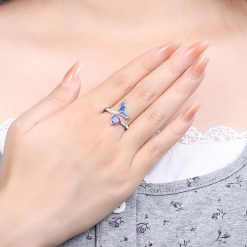 Rings for Women Butterfly Ring 925 Sterling Silver Rings Adjustable Promise Open Ring for Women Couple Wedding Engagement Jewelry Gifts - style: Mermaid Heart Open Ring