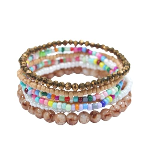 Pingyongchang Boho Colorful Beads Stackable Bracelets Set for Women Handmade Multicolor Seed Crystal Layered Stretch Bracelets Retro Country Holiday Beach Trendy Jewelry Gifts - color: Brown