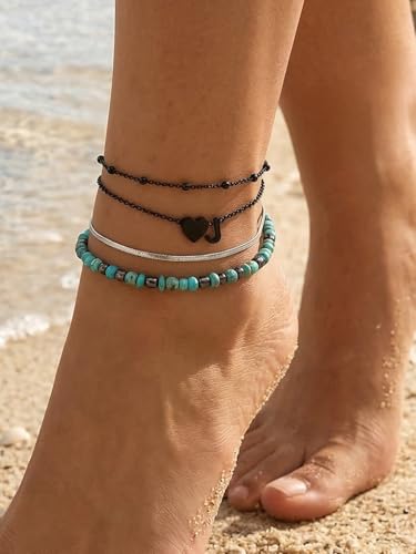 Silvora Ankle Bracelets for Women Waterproof 14K Gold/Silver/Black Initial Anklet for Women Dainty Layered Heart Ankle Bracelets Stainless Steel Adjustable Foot Chain Anklet Summer Beach Jewelry - color: Black-Stainless Steel, size: 17.Q