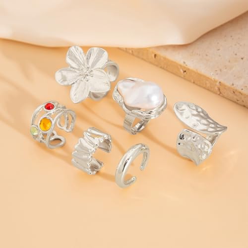 6Pcs Gold Flower Crystal Chunky Knuckle Rings Stacked for Women, Statement Stack Zirconia Hammered Geometry Irregular Baroque Pearl Open Ring Jewelry Gift - color: Silver