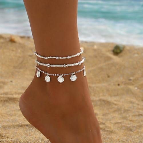 Boho Beads Beach Layered Anklet Set for Women, Handmade Gold Starfish Pearl Shell Anklets Summer Ocean Accessories Jewelry Gift - color: SShell