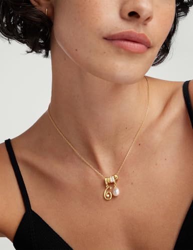 Freekiss Gold Pendant Necklace for Women, Dainty Diamond Necklaces for Women Simple 14K Gold Plated Paperclip Choker Necklaces Cute Minimalist Open Oval Necklaces Gold Jewelry for Women Gifts - color: Gold, style: Number 6 - Pearl White Sphere