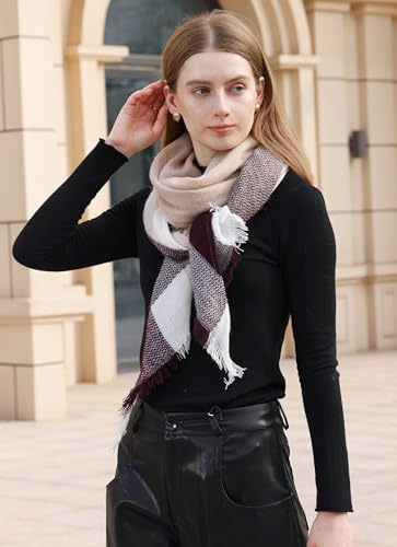 Wander Agio Womens Warm Long Shawl Winter Wraps Large Scarves Knit Cashmere Feel Plaid Triangle Scarf - color: Big Beige Khaki 22