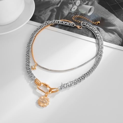 Layered Chain Necklace for Women men Vintage stackable Evil Eye Star Pendant Necklace Chunky Horsebit Clasp Statement Choker Trendy Punk Jewelry Gifts