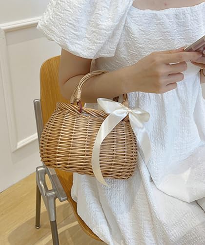Wicker Basket Lace Ribbon Handbag Vacation Wedding Woven Handbag Drawstring Inner Pouch Daily Use Gift - color: C