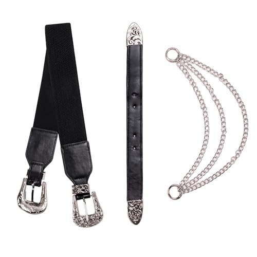 Dubulle Womens Belt Chain Leather Belts Vintage Western Adjustable Elastic Double Buckle for Cowboy Pant Dress - color: Silver Black