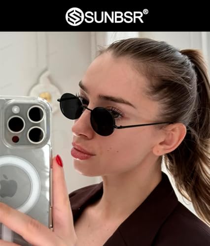 Retro Oval Sunglasses for Women Men 90s Trendy Small Round Gold Sun Glasses Fashion Narrow Metal Frame Shades - color: Black/Grey