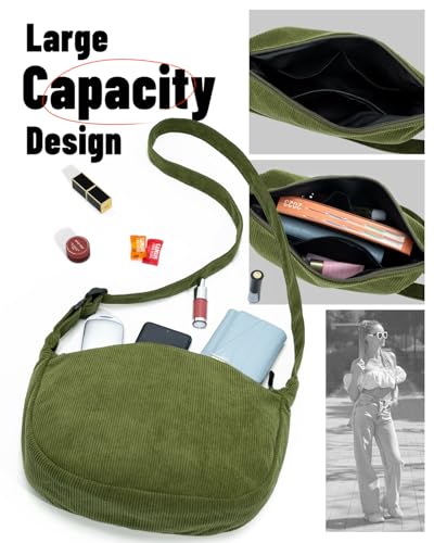 Crossbody Crescent Bag for Women Men Trendy, Crescent Sling Bag with Adjustable Strap, 2 Zippers Lightweight - color: Corduroy-green