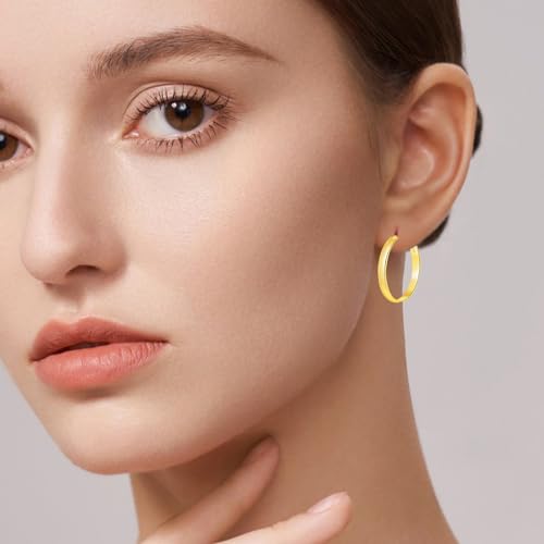 5mm Wide Gold Hoop Earrings for Women, 14K Gold Plated Big Chunky Hoop Earrings with S925 Sterling Silver Post, Hypoallergenic Lightweight Earrings Jewelry for Women 30/40/50/60/70mm - color: Gold-30mm