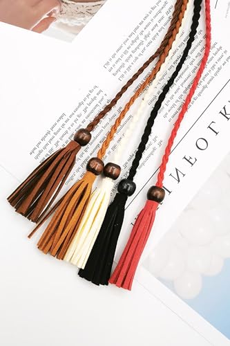 TeeYee Waist Belt Woven Knitted Rope/Chain PU leather 3 Pieces Tassel Rope Skinny Belt - color: 005blackredcoffee