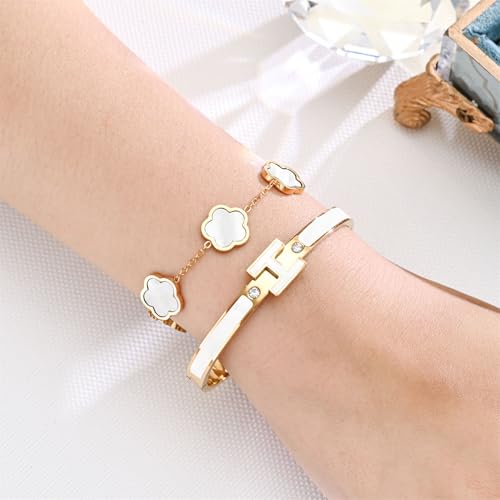 H Bangle & Clover Bracelet for Women - Stainless Steel Fashion Jewelry - 18K Gold Plated H Bangle and Lucky Five Leaf Clover Bracelet - Elegant Bracelets Set - Gift for Women - color: Gold-White Set