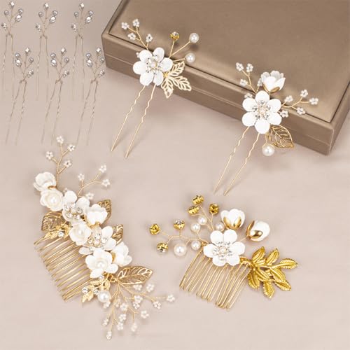 Floral Hair Comb Set for Girls - 10PCS White Flowers Hairs Accessories & Gold Hair Pins for Women, Vintage Bridesmaid Hairs Pins, Wedding Hair Comb, Mother of Bride, Prom, Victorian Hair Decorations - color: White-F10