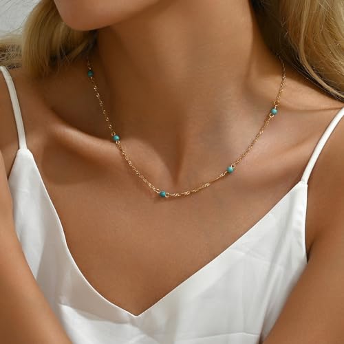NONAMOIS Gold Chain Necklace for Women Dainty 18K Gold Plated Thin Satellite Beaded Turquoise Necklace Simple Layered Boho Jewelry Christmas Gifts - color: Twisted Turquoise Beads-Gold