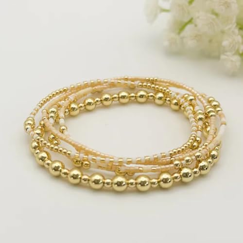 14K Gold Beaded Ball Stackable Bracelets for Women,Bohemian Stretch Colorful Seed Beads Bracelet Stack Fashion Holiday Jewelry Gift Friendship - color: Beige