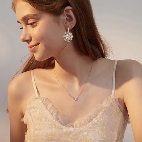 Handmade Bohemian Vintage Gold Sparkly Crystal Round Flower Leverback Earrings Cute Rhinestone Geometry Dangle Drop Earring for Women - color: Orange Pink