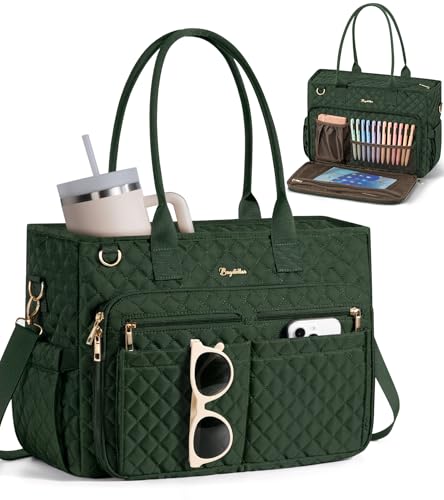 Bagstellar Teacher Bags for Women, 15.6 inch Laptop Work Tote Bag Quilted Nurse Bible Computer Shoulder Bag for School Travel | Dream Tote Work Bag - color: Dark Green