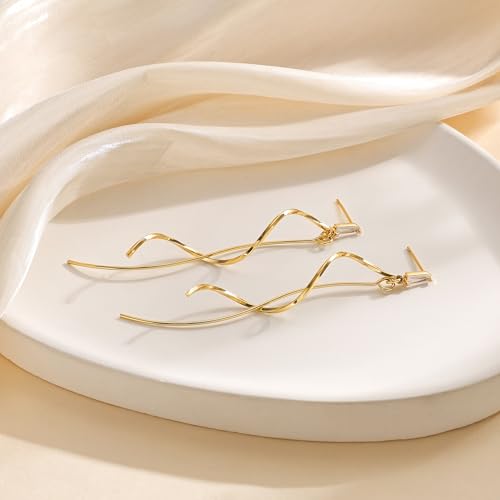 Robaice Gold Long Prom Earrings for Women, 14K Gold Plated Pearl Dangle Drop and Chain Tassel Threader Earrings Dangling，Rhinestone Zirconia Hypoallergenic Bride Party Prom Gold jewelry，Women Gifts - style: C-dangle twist drop