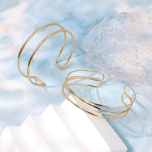 2Pcs Gold Arm Cuff for Women Adjustable Arm Cuff Bracelet Minimalist Open Coil Upper Arm Band Cuff Bangle Set - style: Gold B