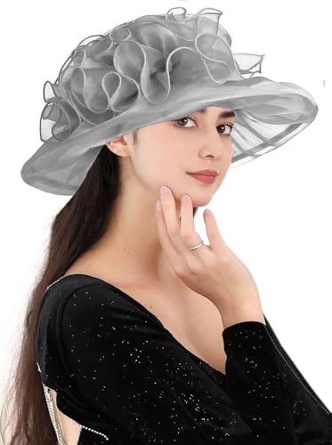 Women's Kentucky Derby Church Dress Hat Wide Brim Leaf Flower Bridal Shower Hat - color: G2 Grey