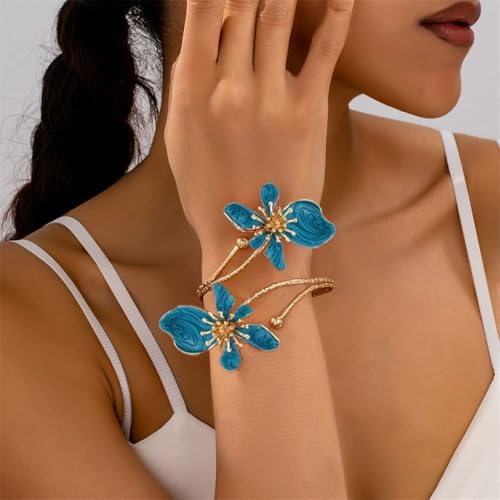 Flower Arm Cuff Bracelets for Women Adjustable Gold Upper ArmBand Jewelry Boho Floral Open Wrap Statement Bangle Bracelet Arm Cuff Jewelry Gifts for Women - color: Bule