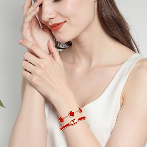 H Bangle & Clover Bracelet for Women - Stainless Steel Fashion Jewelry - 18K Gold Plated H Bangle and Lucky Five Leaf Clover Bracelet - Elegant Bracelets Set - Gift for Women - color: Gold-Red Set