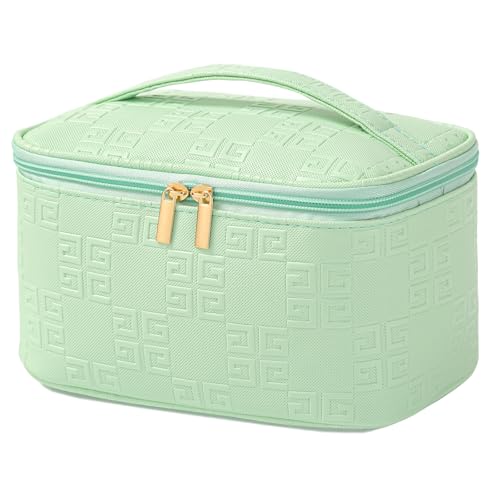 Meiyuuo Makeup Bag Large Cosmetic Bags for Women Girls Cute Travel Zipper Pouch Toiletry Organizer for Beauty Essentials Waterproof (Light Green) - color: Embossing Green