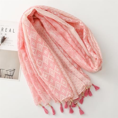 WaJuemy Travel Boho Scarf for Women Casual Lightweight Pashmina Scarves Fashion Multicolor Shawl Wraps with Fringed Beads - color: 201 Pink