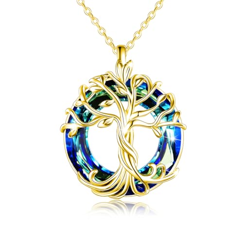 TOUPOP Tree of Life Necklace Gifts for Women 925 Sterling Silver Family Tree Pendant with Crystal Birthday Irish Jewelry Gifts for Women Her Wife Mom - color: 03-Gold-Blue Crystal