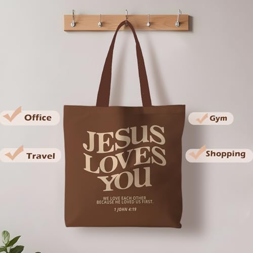 Jesus Tote Bag, Christian Tote Bags for Women, Religious Reusable Grocery Bags - color: Dark Brown