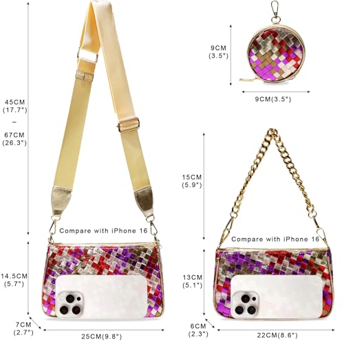 Handmade Woven Small Crossbody Bag for Women with Coin Purse, Designer Shoulder Handbag 3pcs Set, Mini Tote Clutch - color: Rose Multicolor
