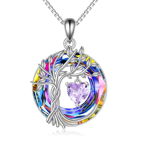 POPLYKE Mothers Day Gifts for Mom Her Wife Tree of Life Necklace 925 Sterling Silver Birthstone Pendant with Crystal Anniversary Birthday Wedding Jewelry for Women - color: 06-Jun-Alexandrite, style: White Gold Plated-Volcano Crystal
