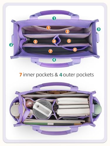 FIORETTO Women’s Canvas Tote Bag Purse with Zipper, Multi Compartment & Reinforced Bottom, Ideal for Work, Bible, Travel - color: Purple, size: Medium, style: Built-in Organizer