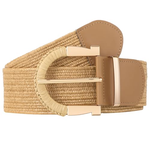 JASGOOD Straw Woven Belt for Women Dresses Boho Elastic Braided Belt Rattan Raffia Belts Ladies Wide Belt,1.97" Width - color: C-khaki, size: Fit waist size 25"-30"