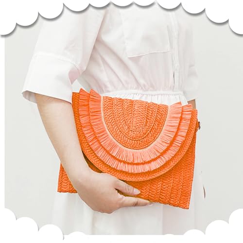 Crossbody Bags for Women, Straw Clutch Purses, Bohemian Handmade Woven Envelope Package, Tassel Handbags for Women | Bohemian - color: Orange