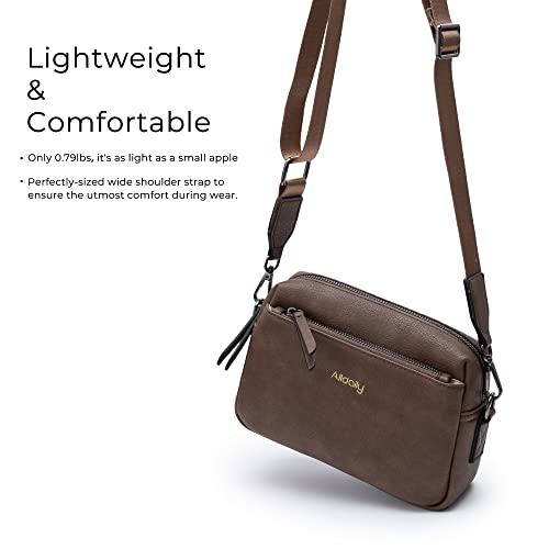 Alldaily Small Triple Zip Crossbody Purse for Women, Vegan Leather Phone Bag with Wide Shoulder Strap - color: Chocolate