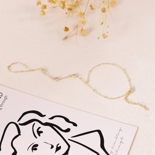 BAYLAY Hand Chain Bracelet, 14K Gold Plated Ring Bracelet Hand Chain Dainty Gold Bracelet for Women Trendy Finger Ring Slave Bracelets Hand Jewelry for Women Summer Beach Boho Gifts Trendy Stuff - color: 3CZ-7mm