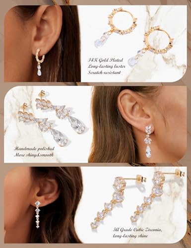 Pearl Earrings for Women, 14k Gold Plated Trendy Diamond Pearl Drop Earrings Hypoallergenic Dainty Bridal Gifts Wedding jewelry for Women - color: Round-Silver