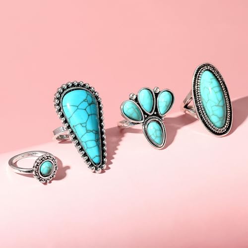 Bohemian Turquoise Ring for Women Stackable Vintage Chunky Boho Turquoise Ring Set Dainty Open Gemstone Knuckle Midi Finger Rings Western Statement Rings Jewelry - style: four