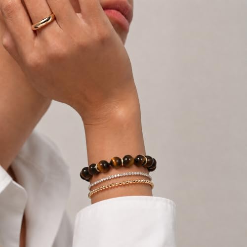 KissYan Beaded Bracelets for Women, Colorful Natural Stone Boho Bead Bracelet for Beach, Handmade Dopamine Gemstone Summer Jewelry Gifts - color: Tiger Eye