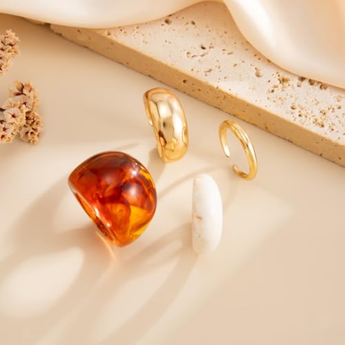 Chunky Adjustable Open Ring for Women Vintage Resin Geometric Ring Boho Statement Ring Set CZ Fashion Classic Jewelry Accessories - color: Gold