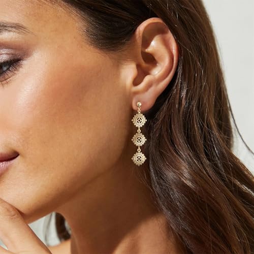 LLWOM 14K Gold/White Gold Plated CZ/Flower/North Star/Leaf Dangle Drop Earrings Studs for Women, Statement Earrings for Wedding Party Prom, Hypoallergenic Jewelry Gift - color: Gold Flower