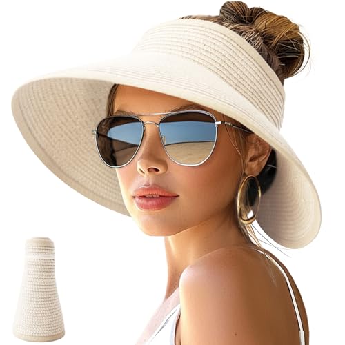 NPJY Sun Hats for Women Wide Brim Roll-Up Beach Ponytail Hat Packable Foldable Travel Straw Visor - color: Beige