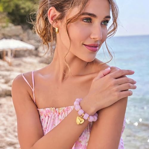 Chunky Beaded Bracelets for Women Boho Multicolor Acrylic Resin Beads Bracelet Adjustable Statement Bracelet Summer Beaded Jewelry - color: Heart beads bracelet-pink