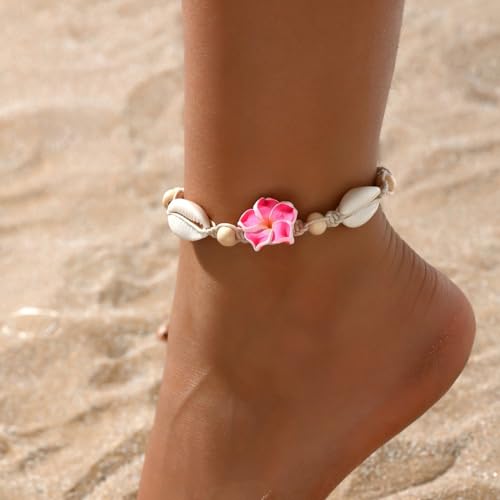 Fesciory Puka Shell Anklet for Women Summer Natural Cowrie Adjustable Ankle Bracelet, Handmade Boho Hawaiian Beach Seashell Jewelry - color: Flower