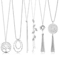 6Pcs Long Necklaces for Women Tassel Pendant Necklace Circle Knot Bar Feather Leaf Sweater Necklace Statement Necklace for Women - color: SILVER-A