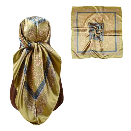 35” Satin Large Square Head Scarves-Like Silk Satin Scarf for Hair Wrapping at Night Bandana Square Scarf for Sleeping - color: Four Square Coins-army Green
