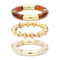 GOOJIDS Simple Beaded Gold Plated Bangles Bracelet Chunky Bamboo Tube Curved Stacking Clear Acrylic Colorful Beads Stretchable Gold Plated Bracelets Set For Women - color: T-Gold&Brown Set
